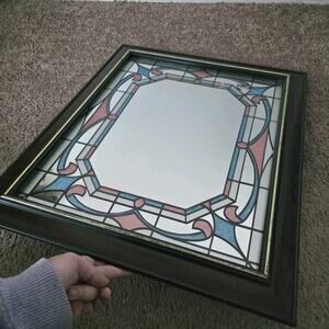 Vintage Geometric Stained Glass Painted Mirror MCM Wooden Teal Pink Artsy